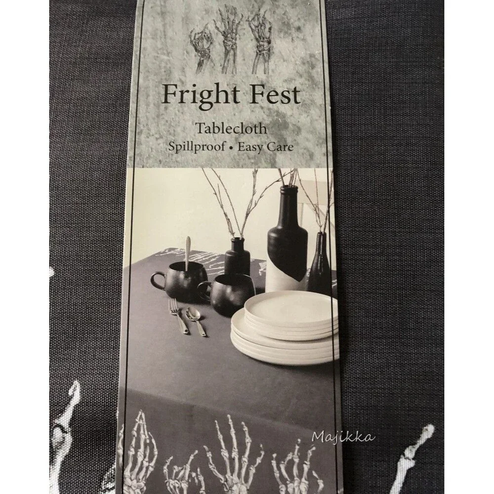 Halloween Tablecloth Fabric Fright Fest Skeleton Hands Border Black White 60x84